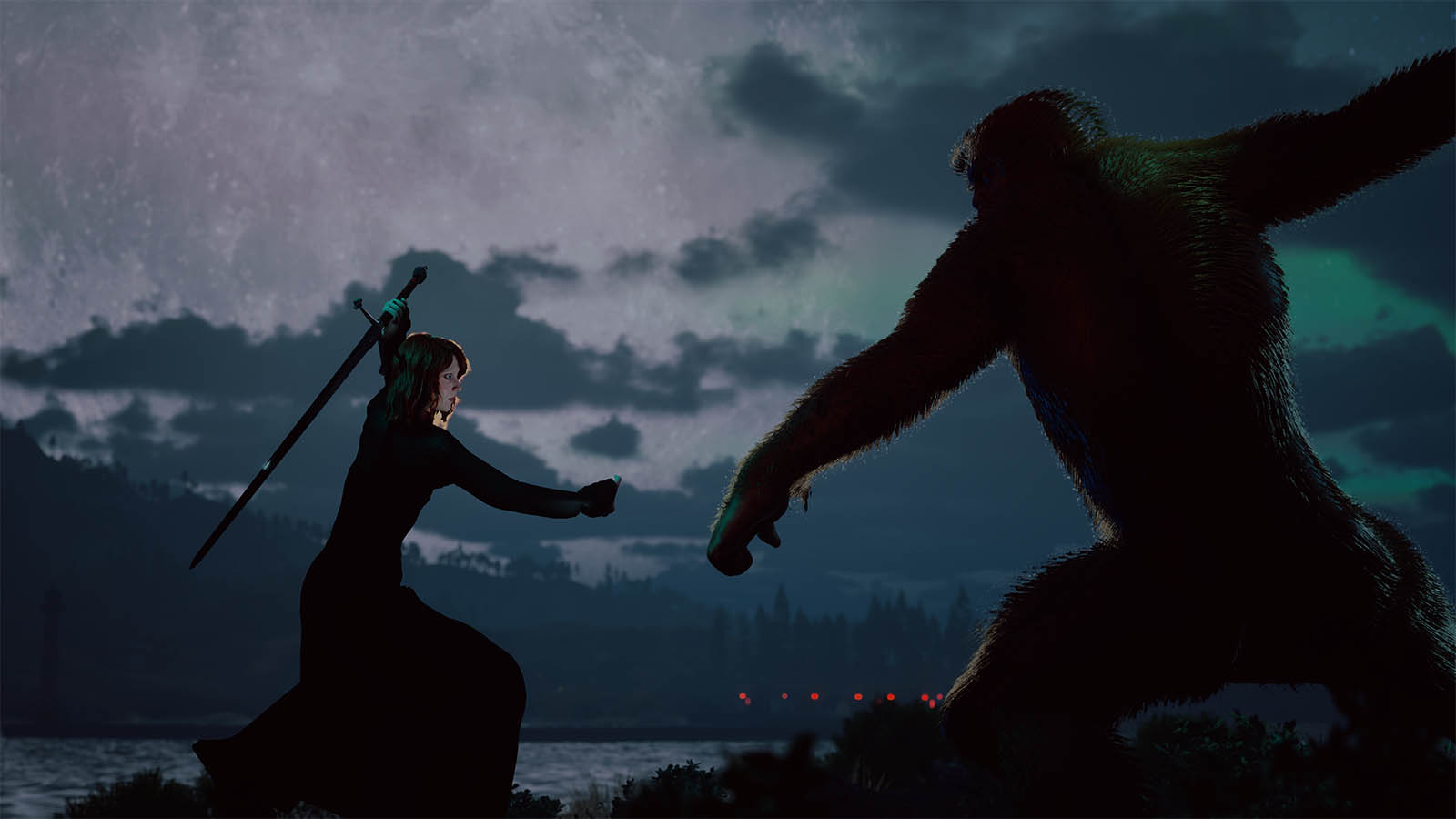 Concept art of Ann facing off against Bigfoot in the misty highlands